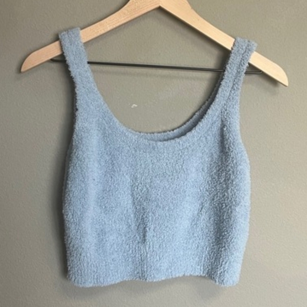 Stars Above Cozy Tank Top, Cropped Fuzzy Baby Blue Lounge/ Pajama Shirt, S/ Med - Picture 2 of 6